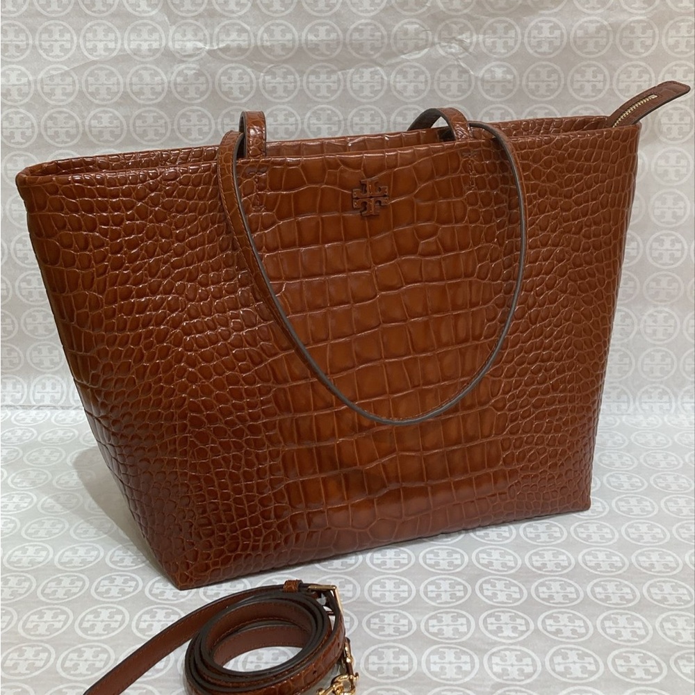 Tory Burch Cognac Crocodile-Embossed Tote